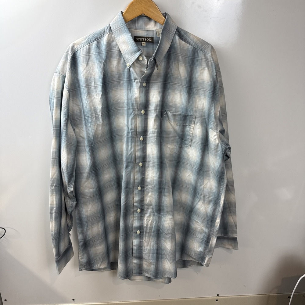 Stetson Mens Button Down Shirt 2XL Long Sleeve Blue Plaid 100% Cotton